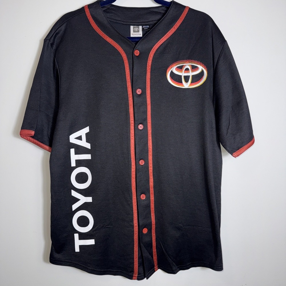 Mad Engine‎ x Toyota Logo Mens Medium MLB Style Black Orange Baseball Jersey NWT